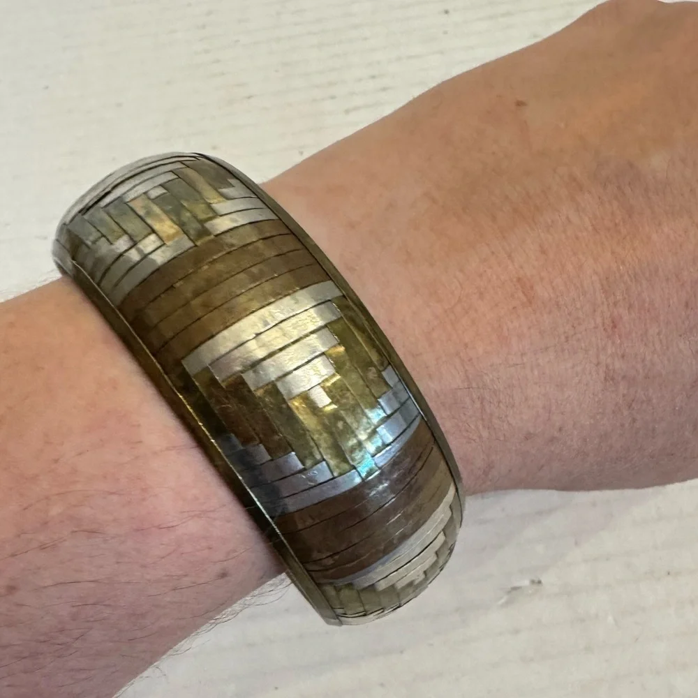 Vintage Metal Bangle Bracelet Tri-Color Woven Copper Bronze Silver Artsy Jewelry